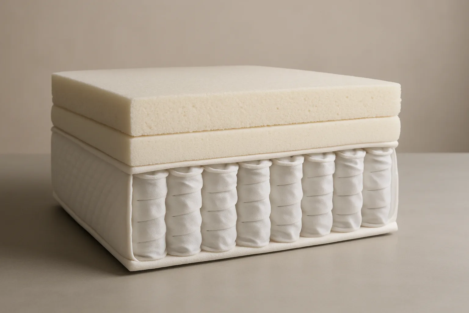 Cross-section of a hybrid mattress showing foam comfort layers above individually pocketed coils