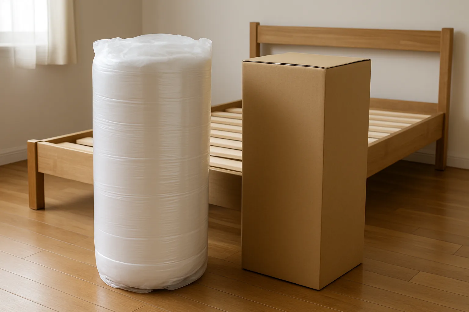 Rolled compressed mattress in plain plastic wrap beside an unmarked box and an empty bed frame