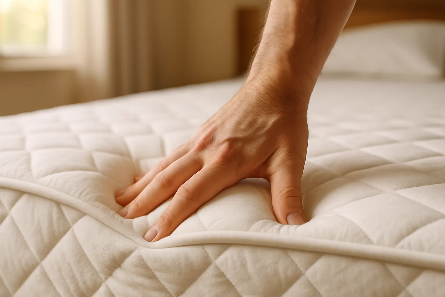 Hand pressing into the corner of a quilted mattress to test how the comfort layer compresses