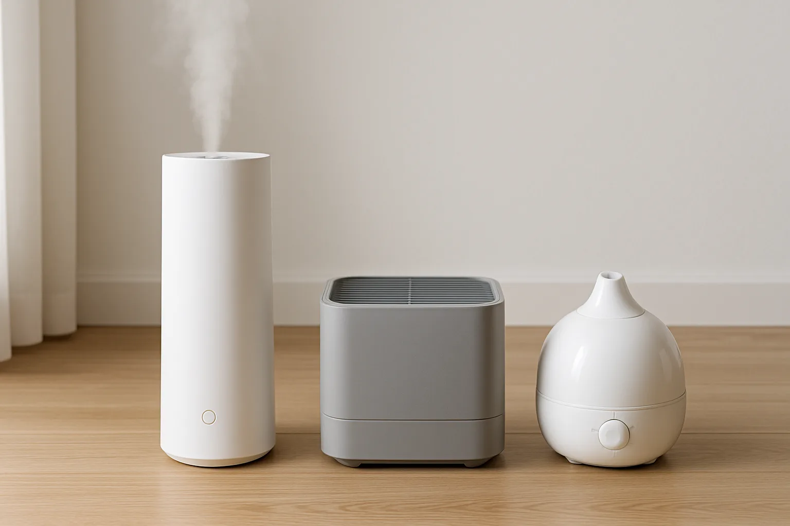 Three unbranded room humidifiers side by side: a tall mist tower, a box-shaped evaporative unit and a small warm-mist vaporizer