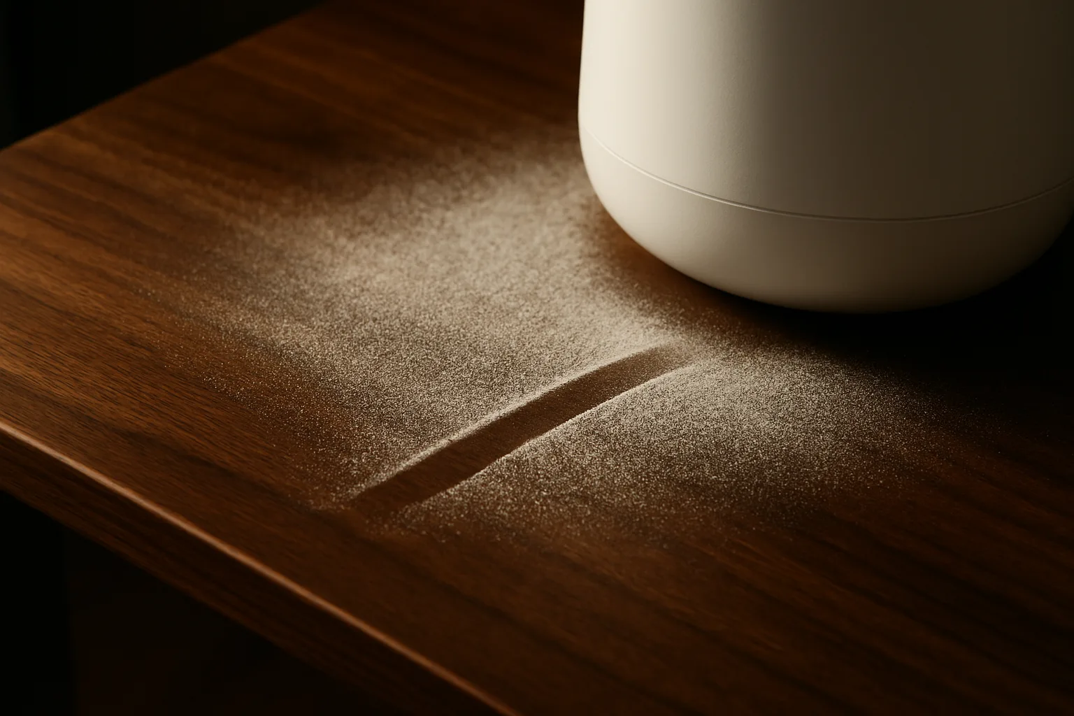 Fine white mineral dust on a dark wood table next to the base of an ultrasonic humidifier