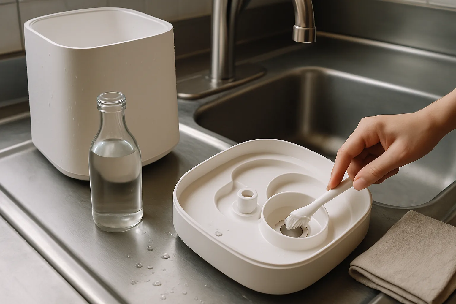A disassembled white humidifier tank and base being cleaned at a kitchen sink with a brush and vinegar
