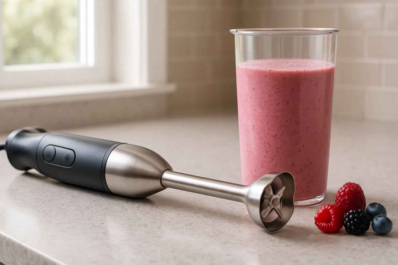 An immersion hand blender lying beside a tall beaker of pink berry smoothie and fresh berries
