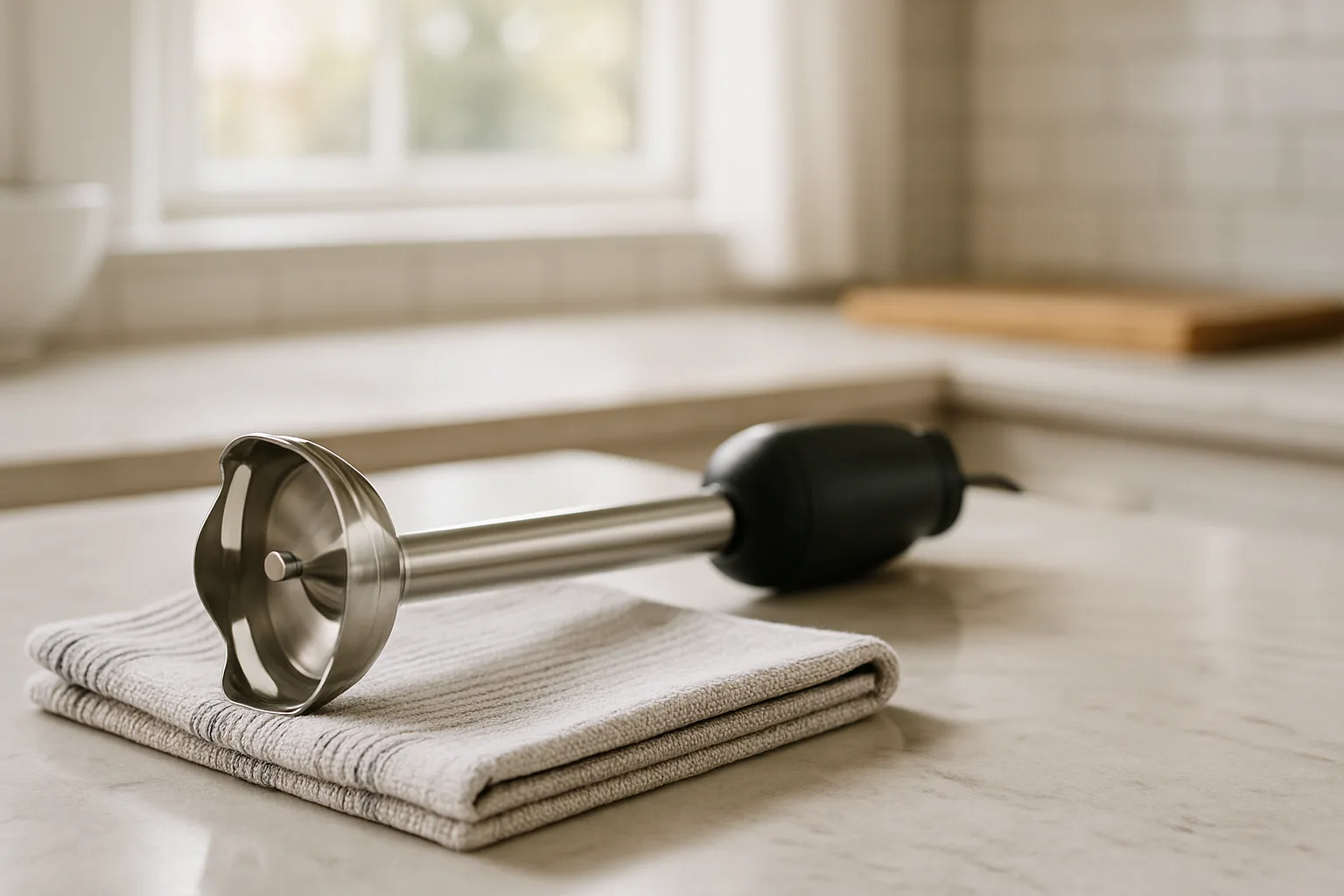 An immersion blender drying on a folded kitchen towel on the counter