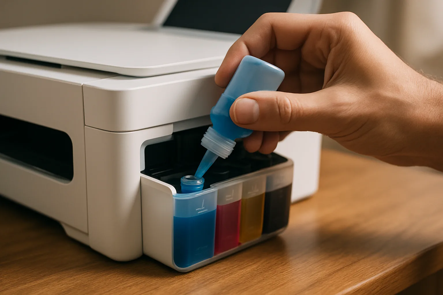 Hand refilling the cyan reservoir of a white ink-tank printer from a small squeeze bottle, with magenta, yellow and black tanks beside it