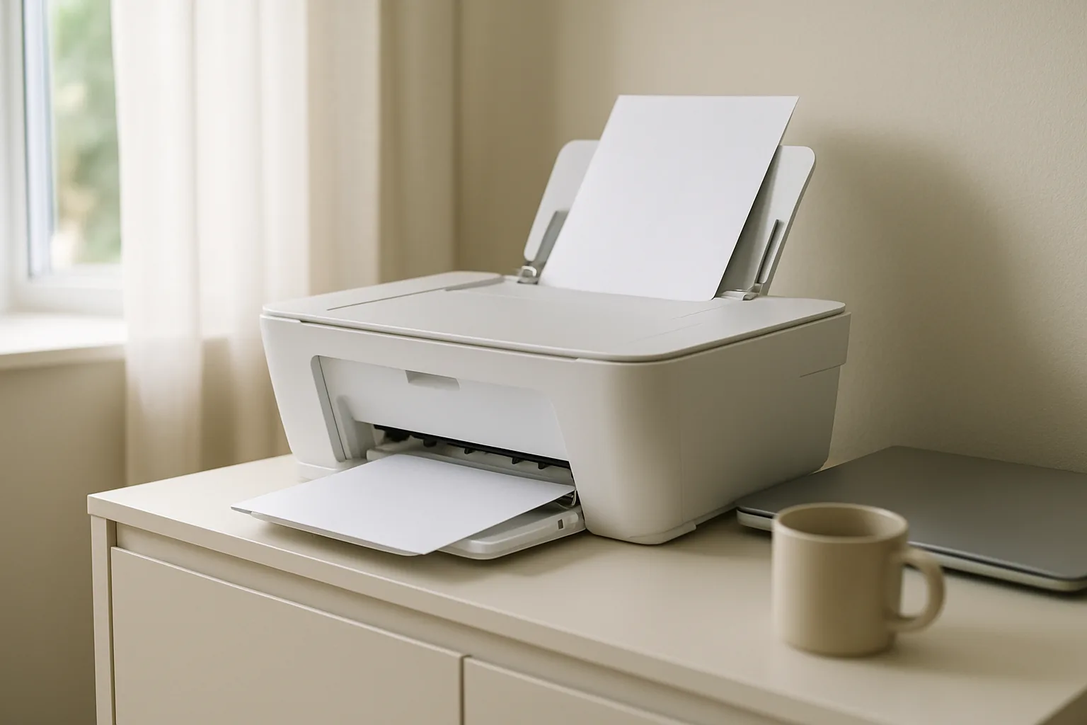 White all-in-one inkjet printer on a home office cabinet with a sheet in the rear feeder and a printed page in the output tray beside a laptop and mug