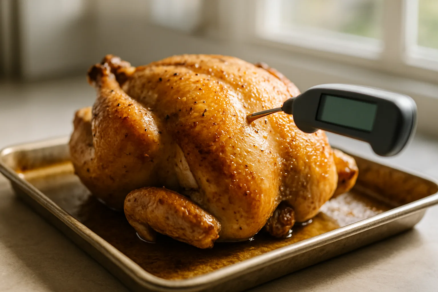 An instant-read thermometer probe in the thickest part of a golden roast chicken on a sheet pan