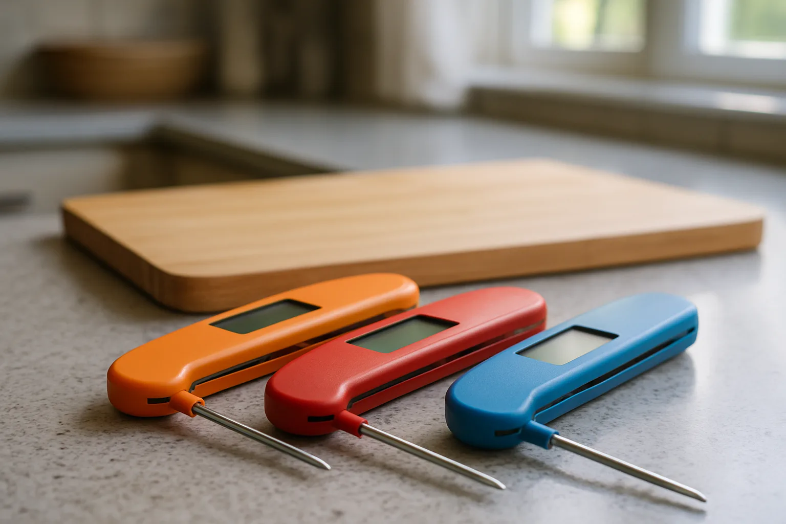 Three folding instant-read thermometers in orange, red and blue on a kitchen counter
