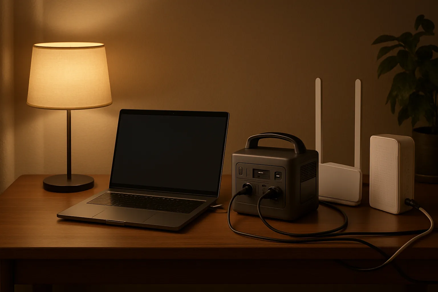 Laptop, Wi-Fi router and modem plugged into a compact portable power station on a home office desk at night