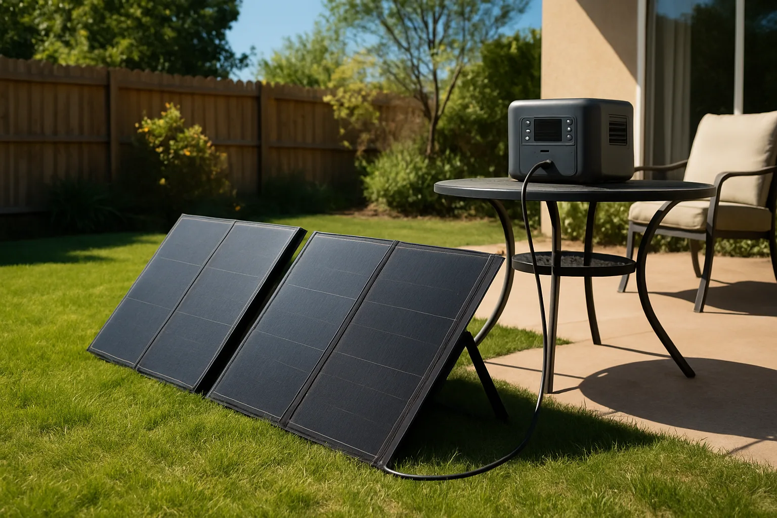 Two foldable solar panels on a backyard lawn connected by cable to a portable power station on a patio table