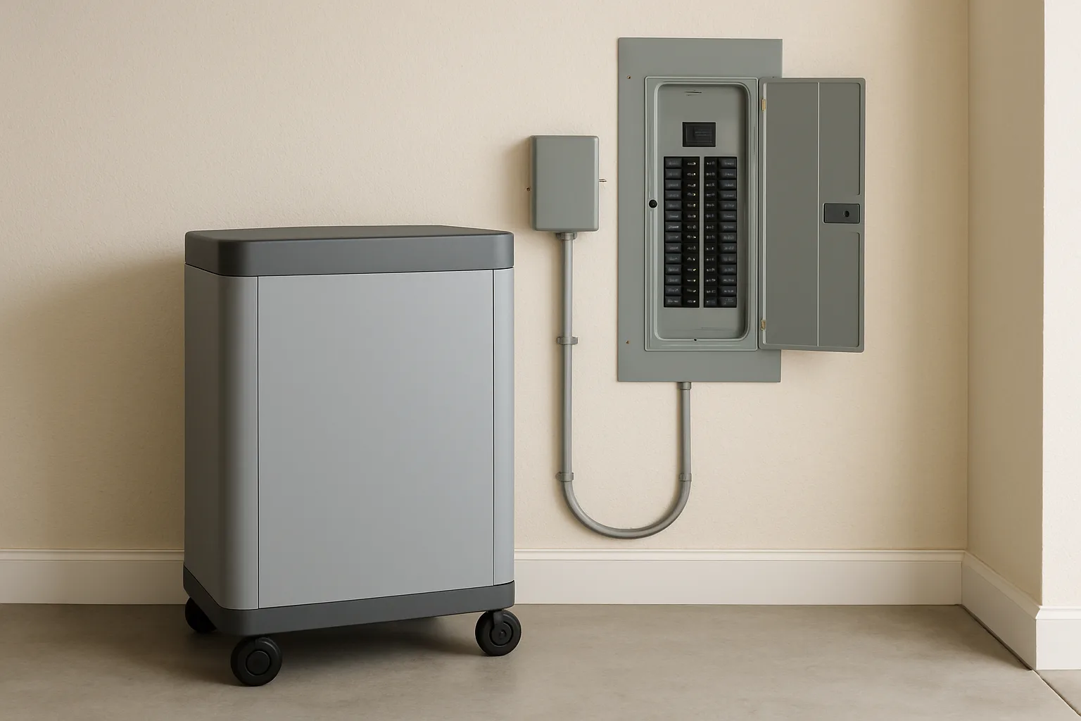 Large wheeled home battery unit beside a residential breaker panel and wall-mounted transfer switch in a garage