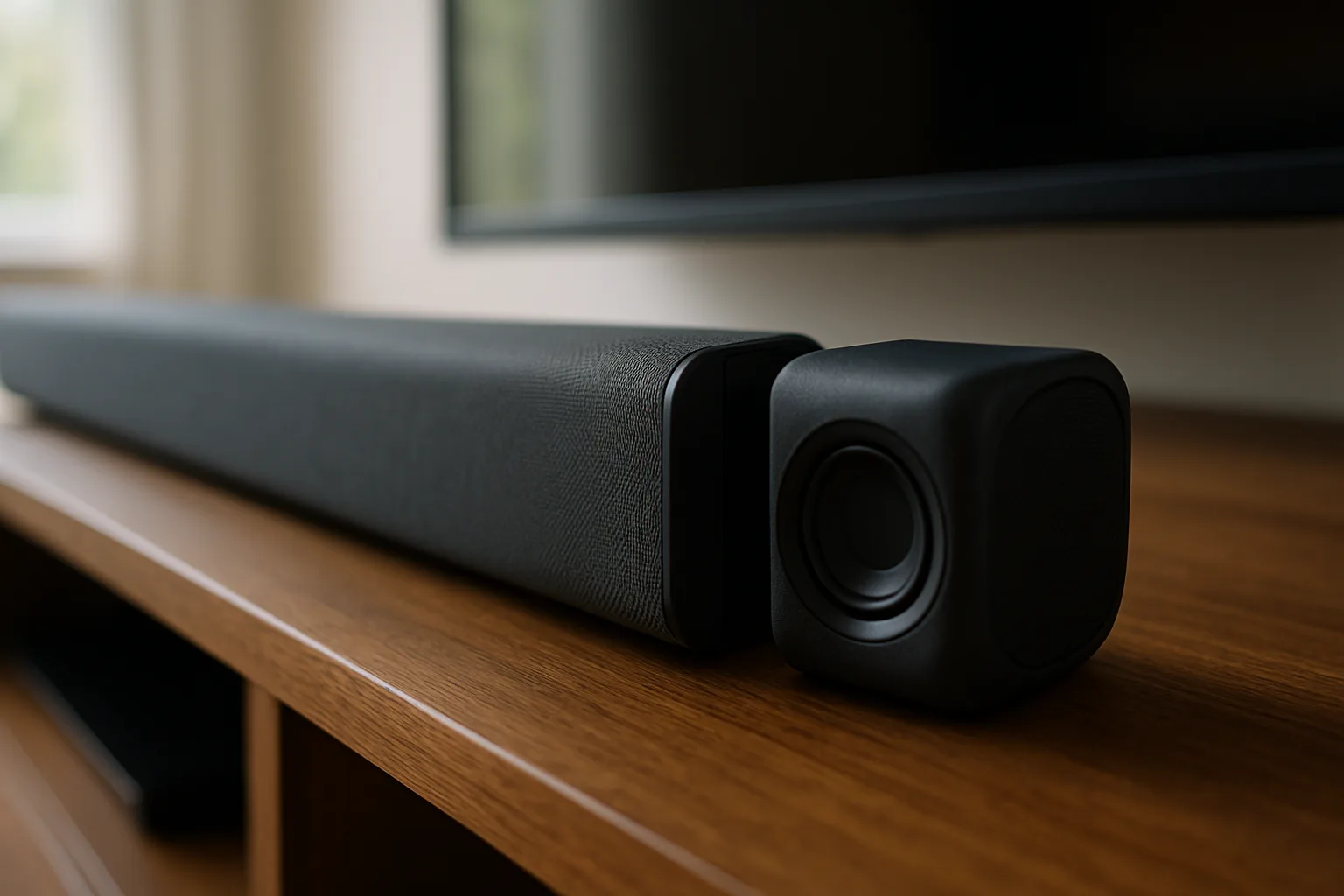 End of a dark gray soundbar with a detachable speaker piece partly separated from the main bar on a wooden console