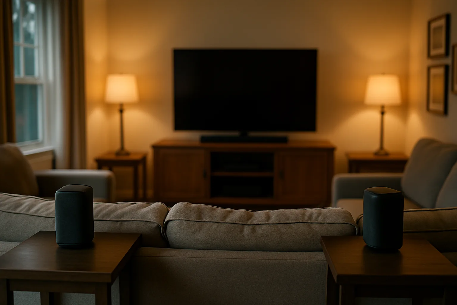 Family room seen from behind a sofa with two small wireless speakers on side tables facing a TV and soundbar