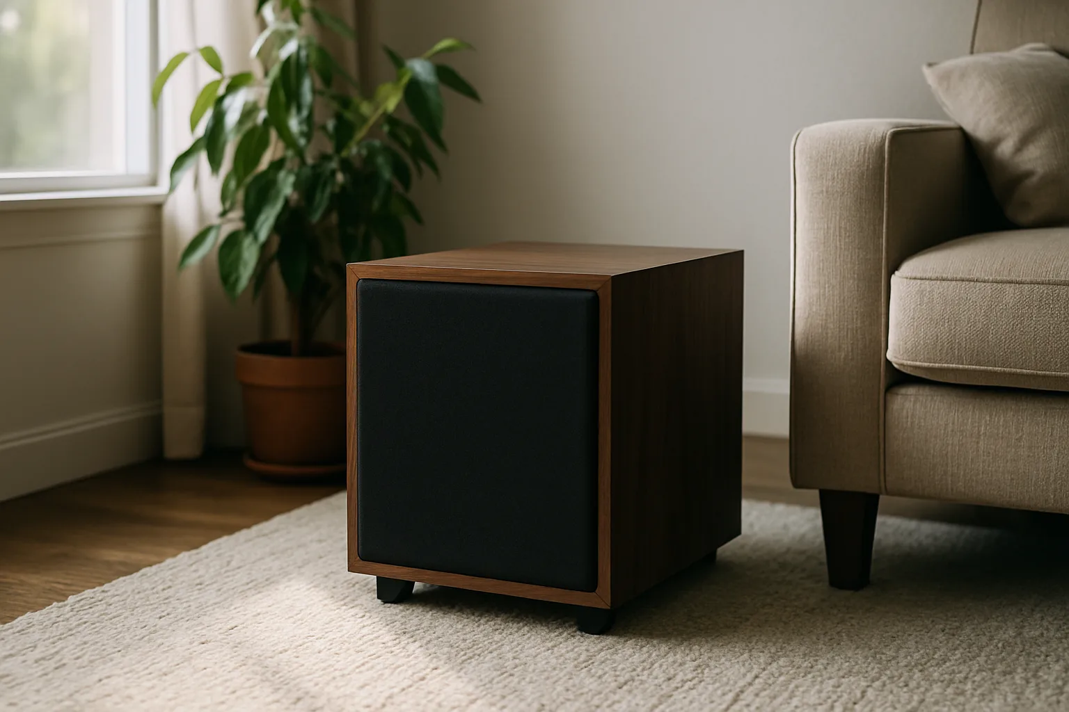 Dark wooden subwoofer cube set a little out from the corner of a living room on a rug, lit by a window