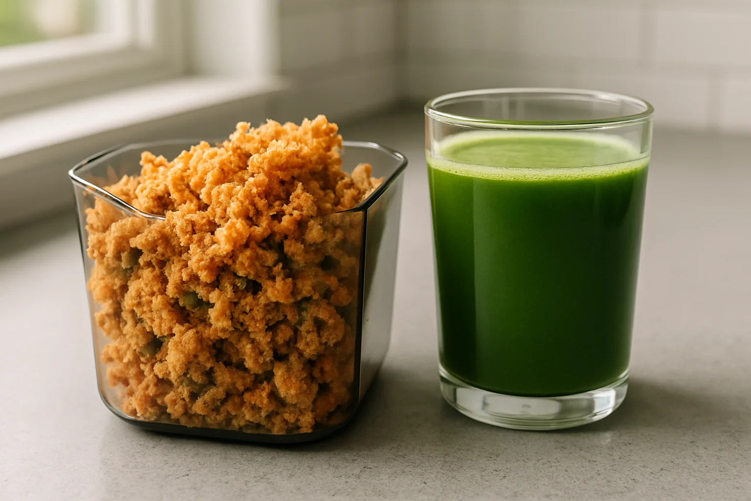 Dry juicer pulp in a container beside a glass of smooth green juice