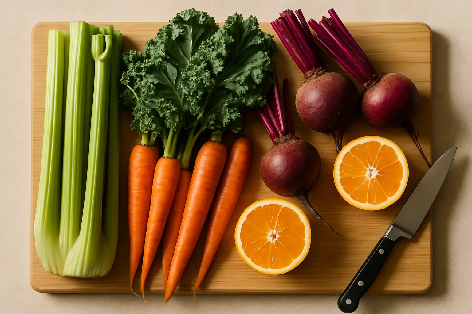 Celery, kale, carrots, beets and oranges prepped on a cutting board for juicing