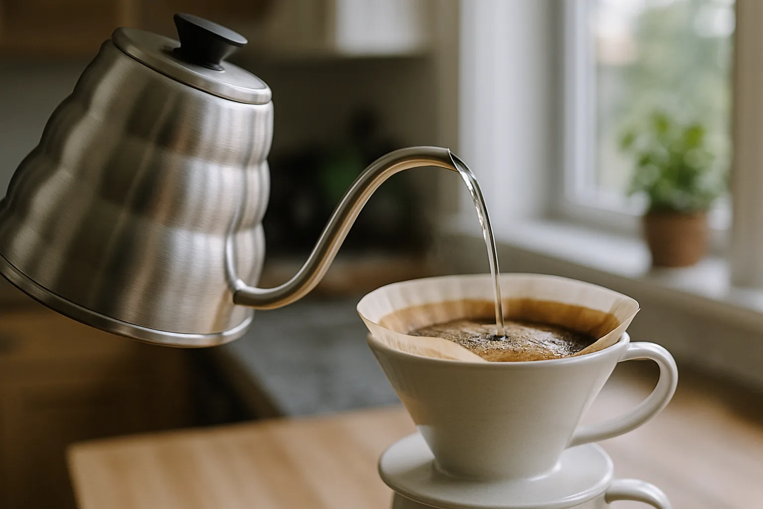 A stainless gooseneck kettle pouring a thin stream over coffee grounds in a pour-over cone