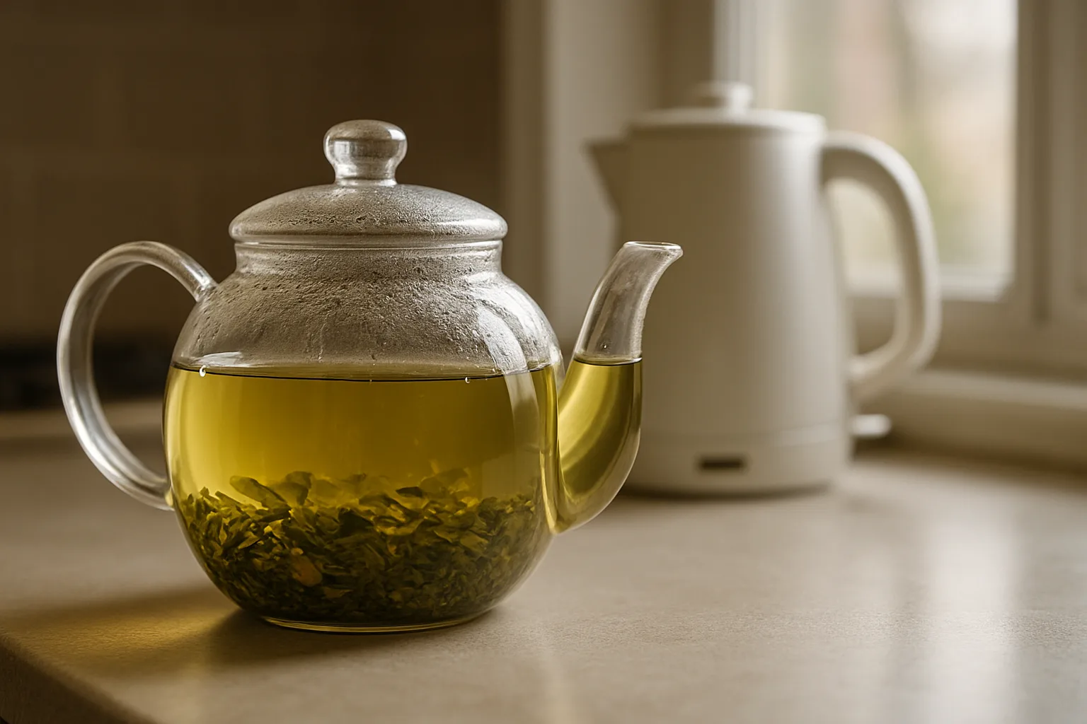 Loose leaf green tea steeping in a glass teapot with an electric kettle behind it