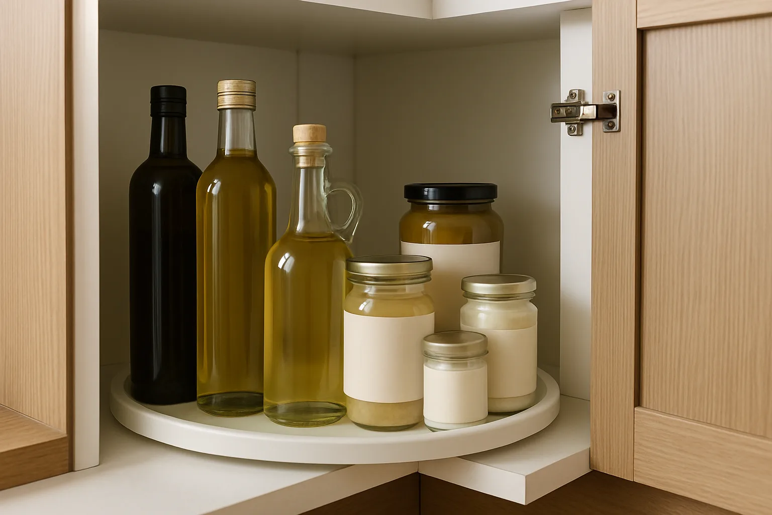 White turntable lazy susan in an open corner kitchen cabinet holding oil and vinegar bottles and jars
