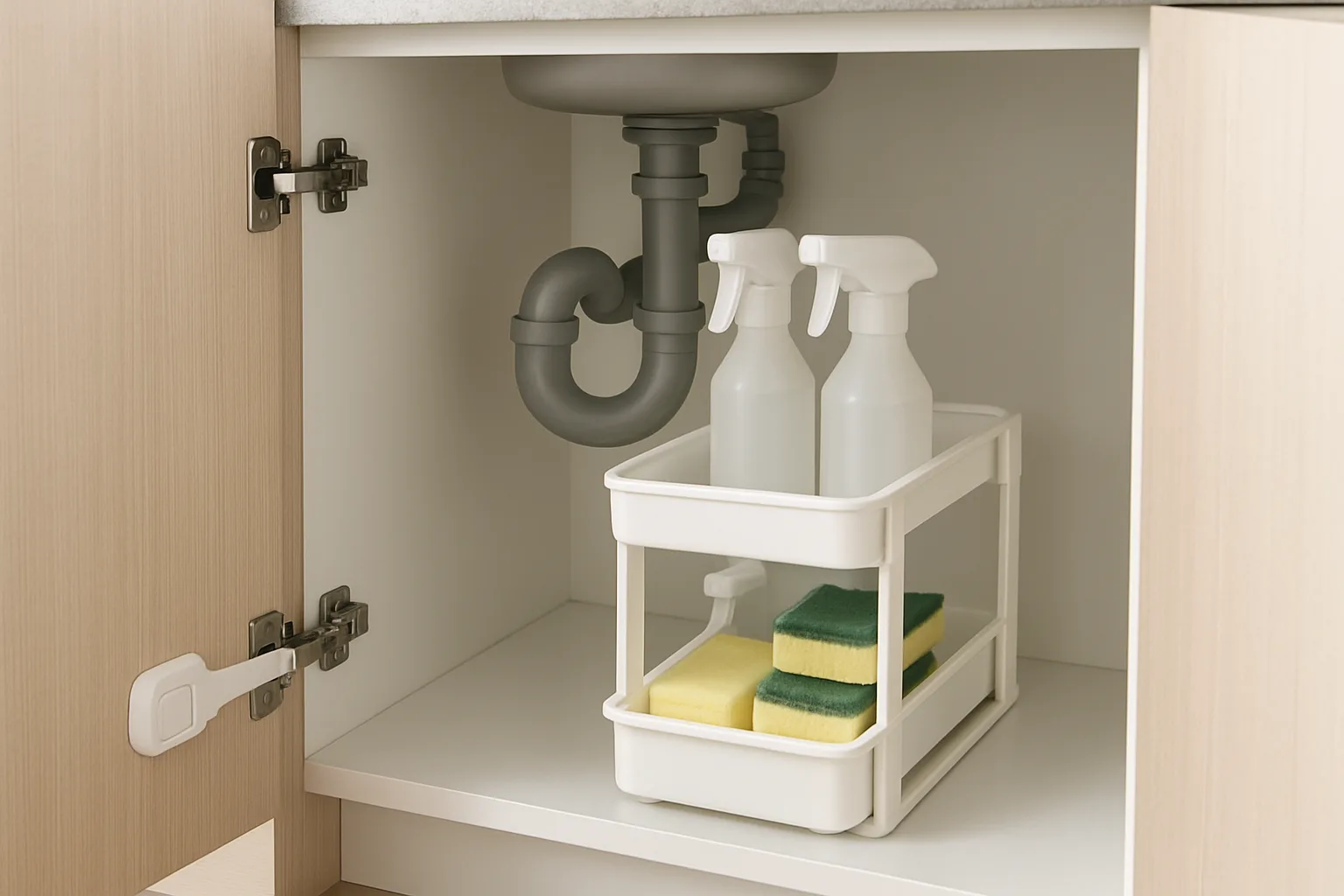 Two-tier sliding organizer beside drain pipes in an under-sink cabinet with a child safety latch on the door