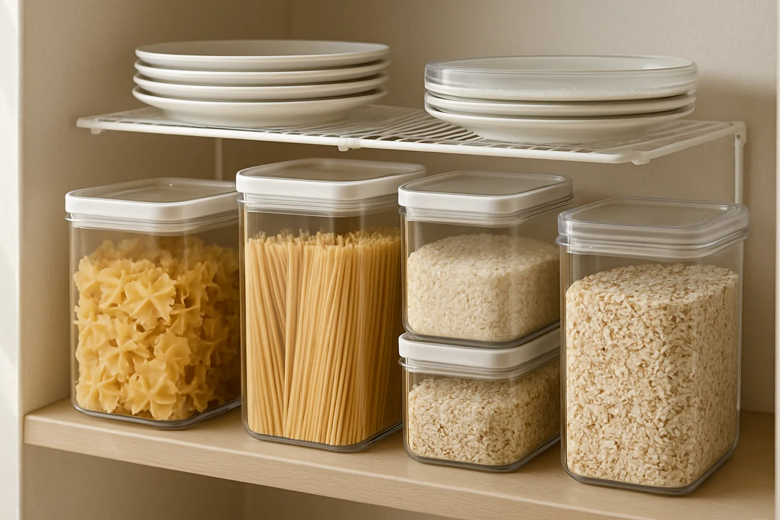 Pantry shelf with clear square airtight containers of pasta, rice and oats beside a wire shelf riser holding plates