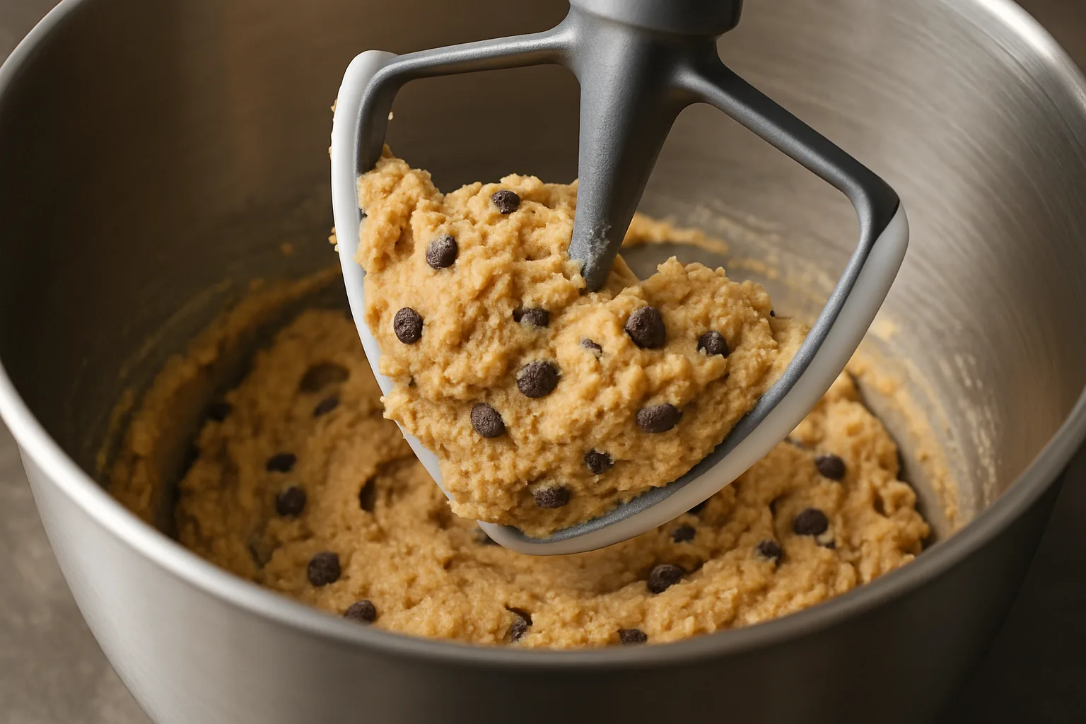Stand mixer flat beater with a flexible white silicone edge mixing chocolate chip cookie dough in a stainless steel bowl