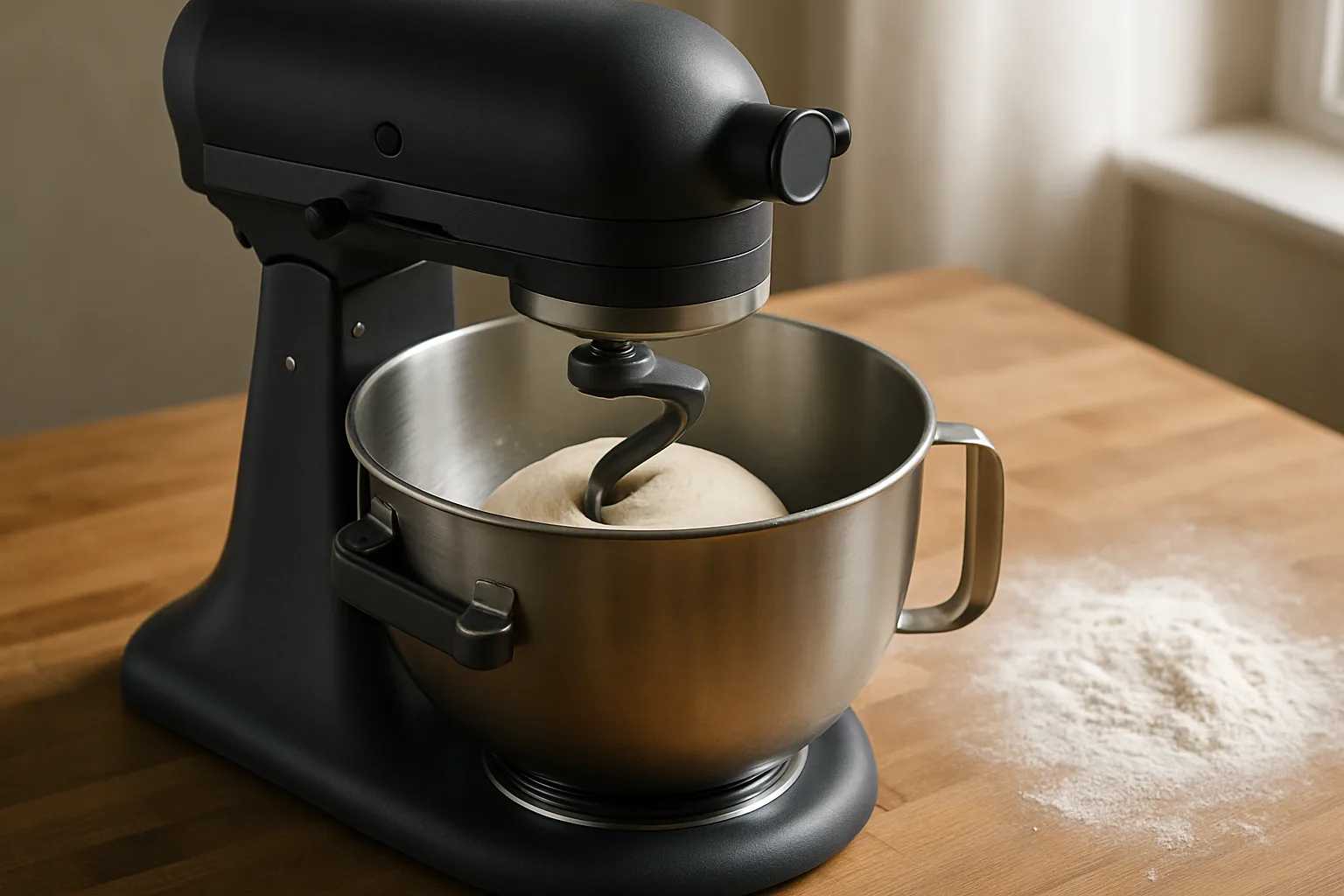 Matte charcoal bowl-lift stand mixer kneading bread dough with a spiral hook in a large stainless steel bowl on a butcher-block counter