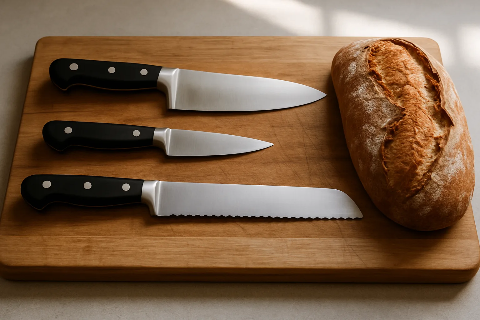 A chef knife, paring knife and serrated bread knife laid side by side on a wooden cutting board beside a crusty loaf