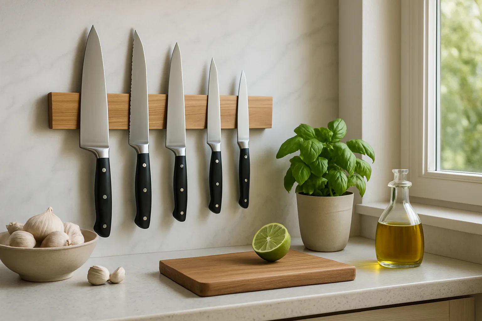 Kitchen knives held on a wall-mounted wooden magnetic strip above a tidy counter