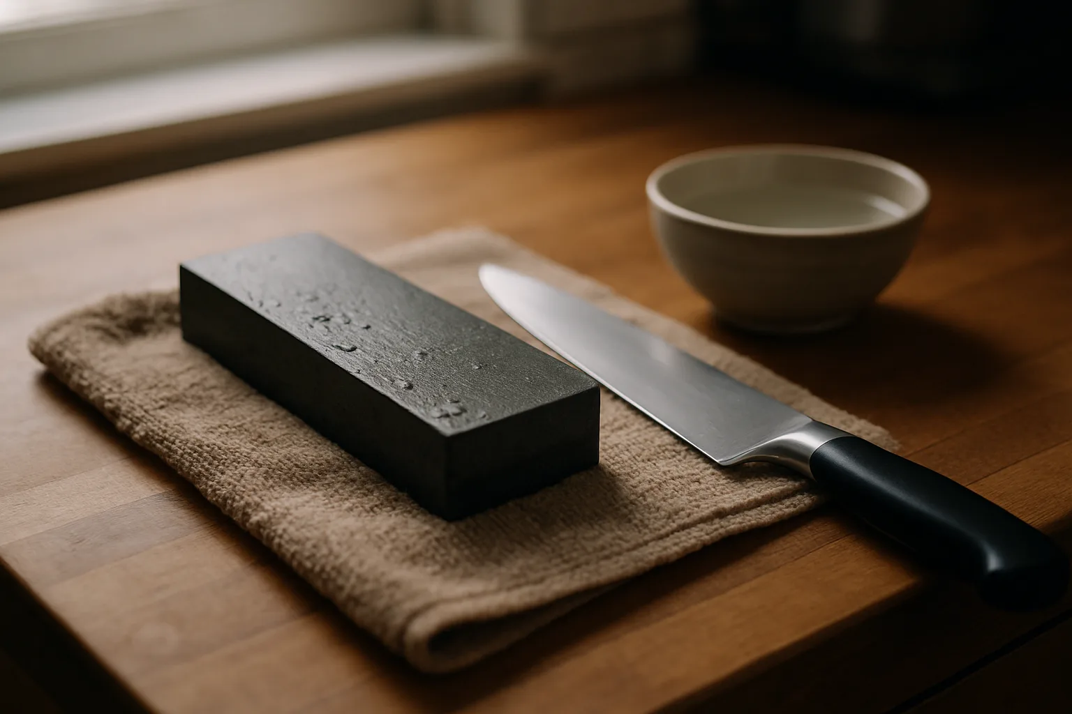 A wet whetstone on a damp towel with a chef knife lying beside it and a small bowl of water