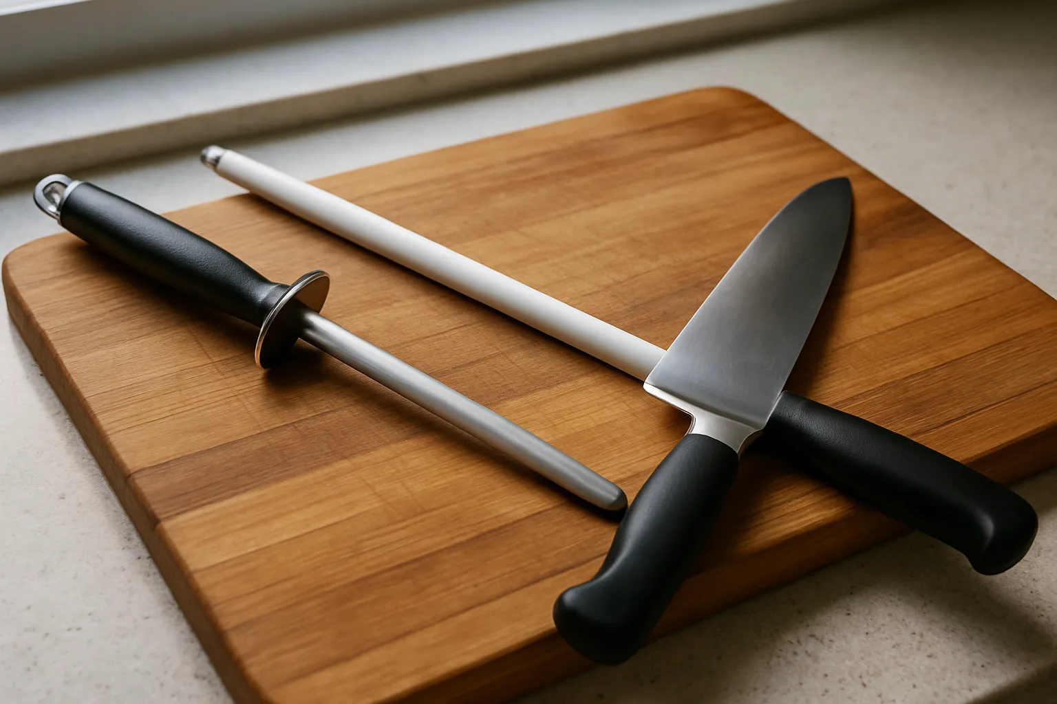 A steel honing rod and a ceramic rod lying beside a chef knife on a wooden cutting board