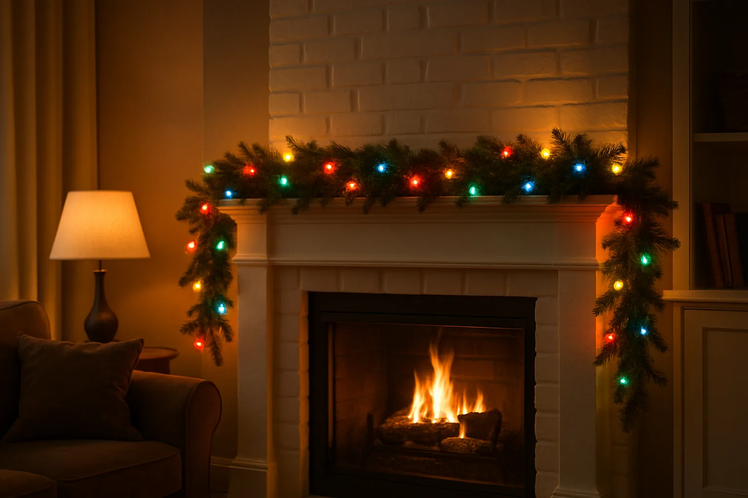 Multicolor mini Christmas lights with a warm glow in red, yellow, green and blue on a fireplace mantel