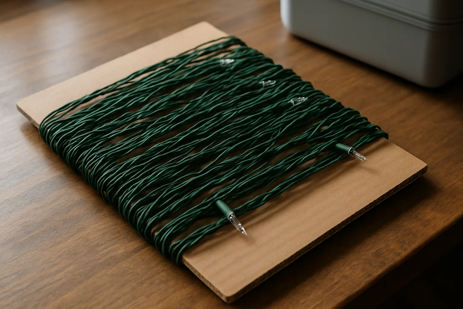 Green-wire mini Christmas lights wrapped around a flat piece of cardboard for tangle-free storage