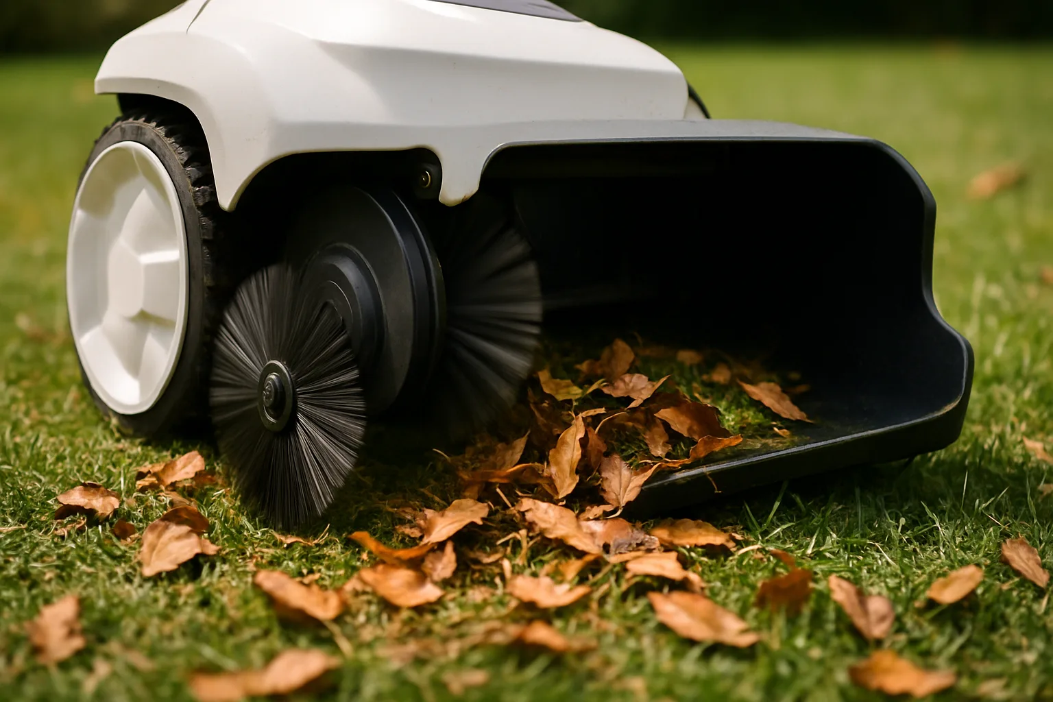 Rear brush of a white robot mower sweeping dry leaves and clippings into an attached collection bin