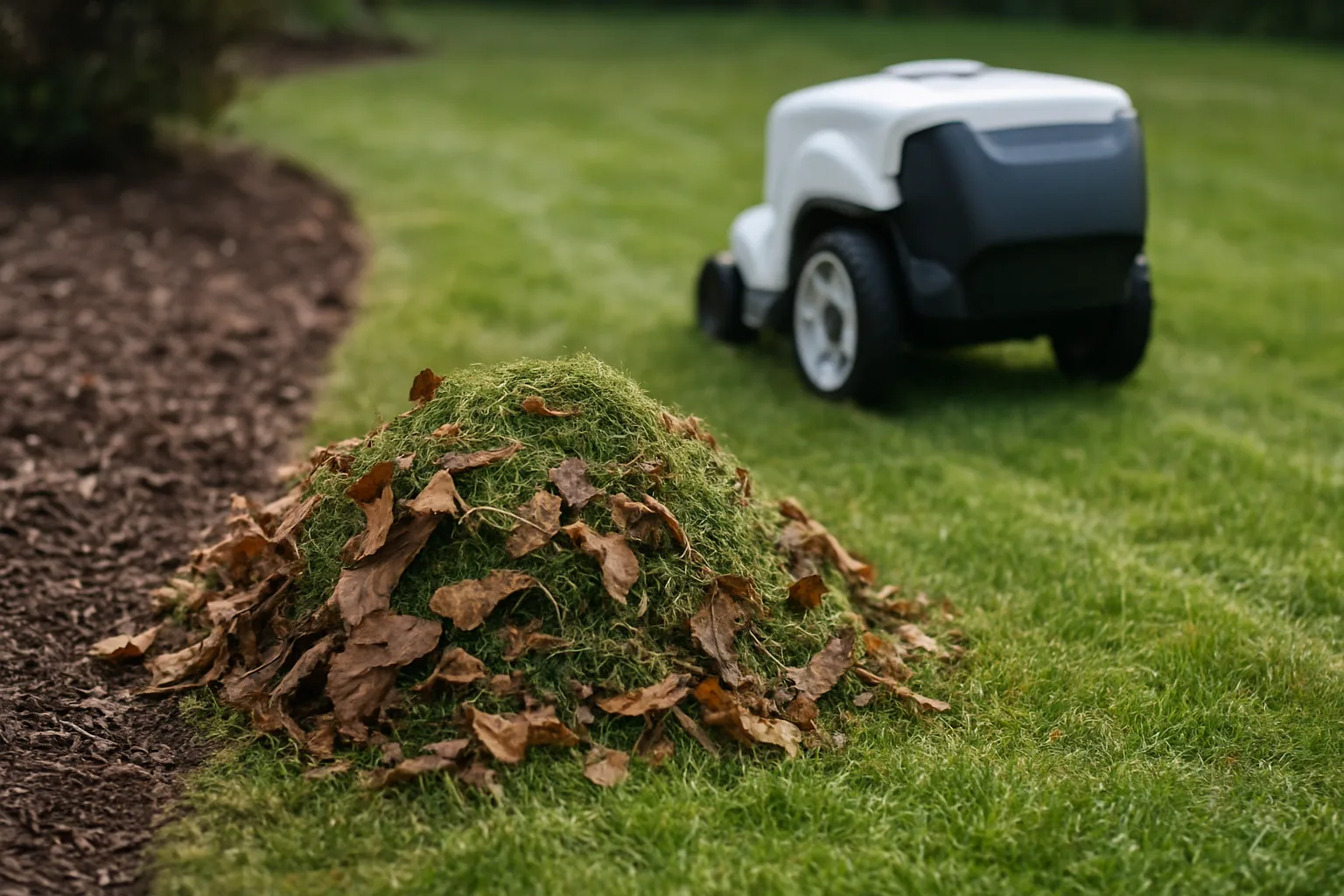 Small pile of leaves and clippings left at the lawn edge by a robot mower with a rear collection bin