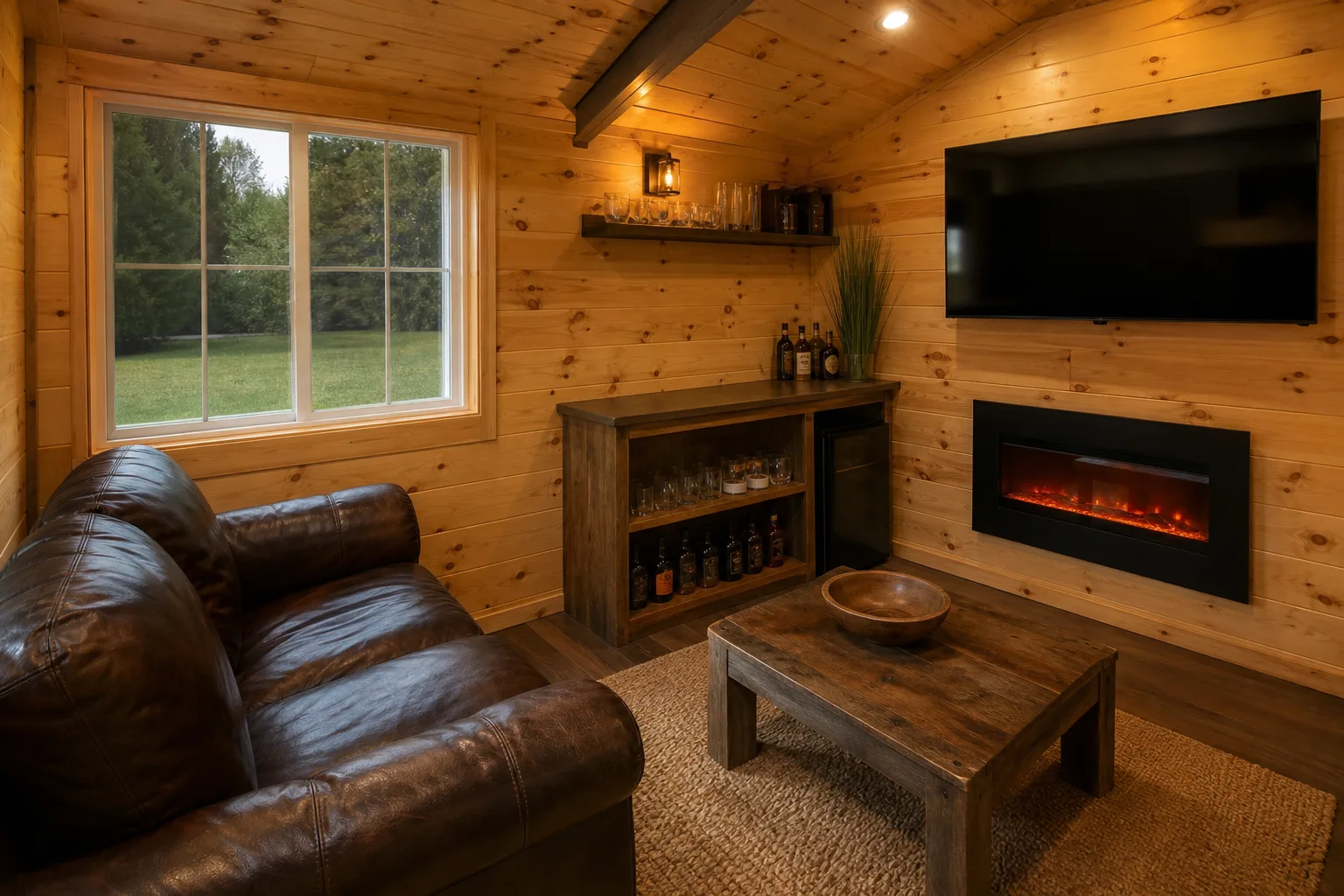 Backyard shed man cave with knotty pine walls, a leather loveseat, a wall-mounted TV over an electric fireplace and a small bar shelf