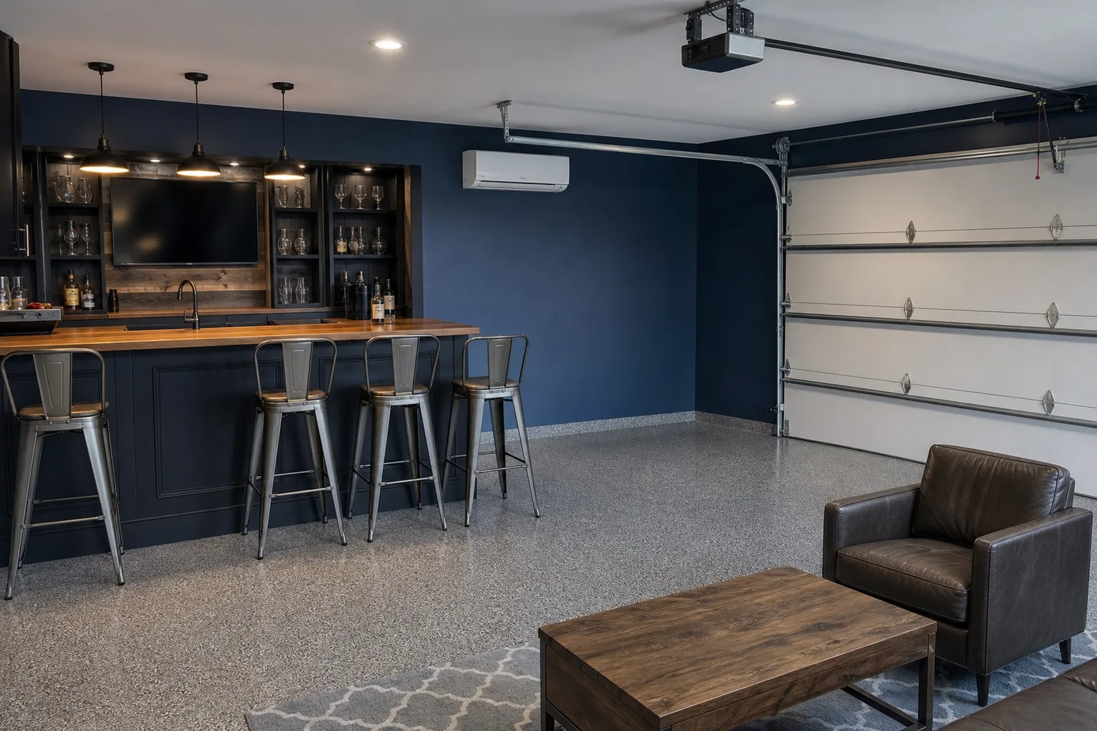 Two-car garage converted into a man cave with a gray epoxy floor, navy walls, a bar counter with metal stools and a mini-split heat pump on the wall