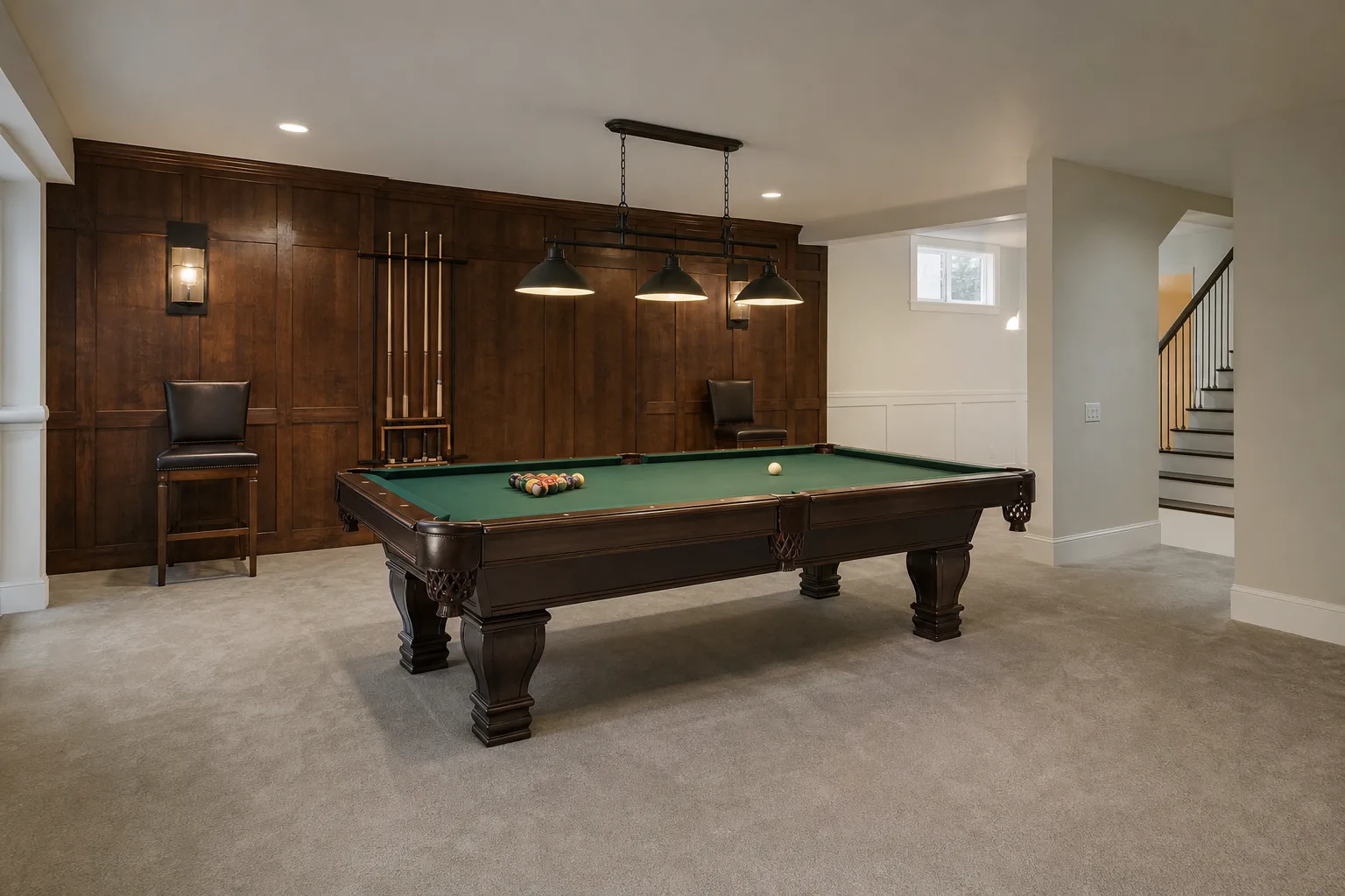 Basement game room with a pool table centered with wide clearance on every side, a cue rack and pendant lights over the table