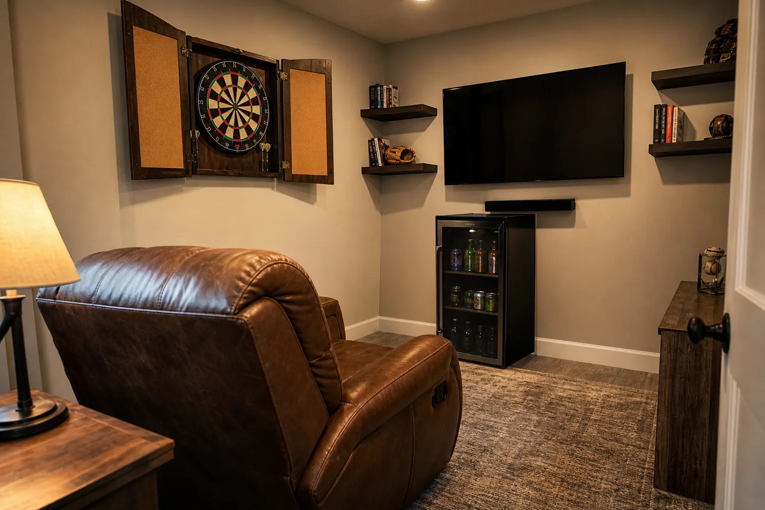 Small spare-room man cave with a leather recliner facing a wall-mounted TV, a dartboard in an open wooden cabinet and a glass-door beverage fridge