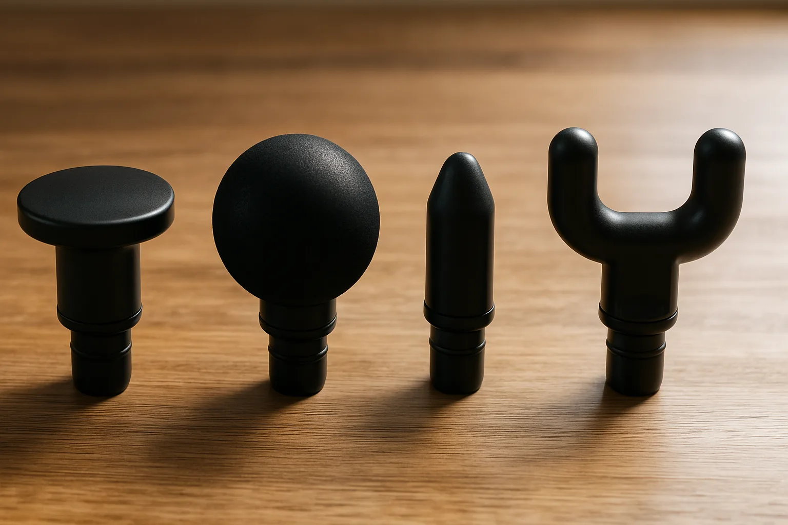 Massage gun attachment heads in a row: flat, ball, bullet and fork