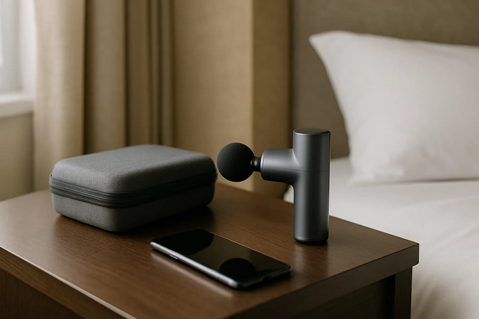 A mini massage gun beside its hard travel case on a hotel nightstand