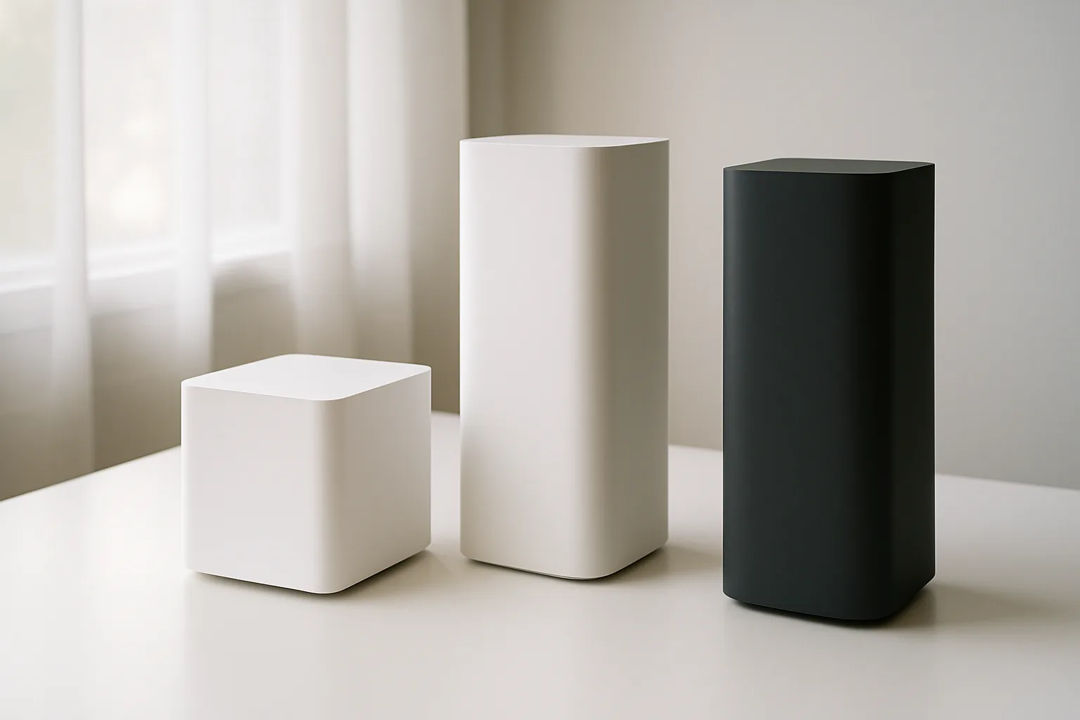 Three unbranded mesh Wi-Fi units of different shapes, white and black, arranged on a white table