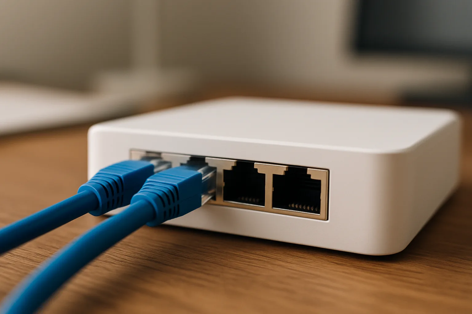 Back of a white router with two blue Ethernet cables plugged into its ports on a home office desk