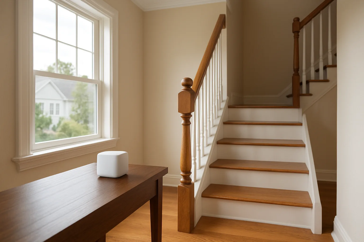 White unbranded mesh Wi-Fi node on a hall table at the foot of the stairs in a two-story home