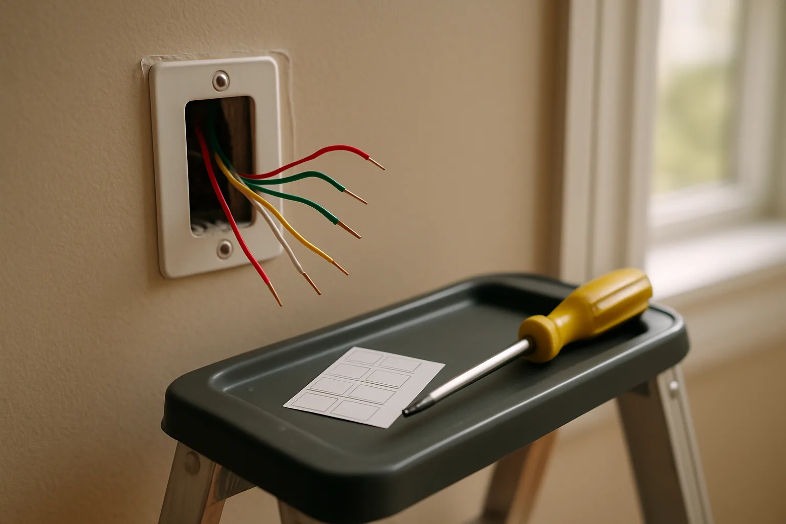 Colored low-voltage thermostat wires coming out of a wall plate, with blank labels and a screwdriver on a step ladder