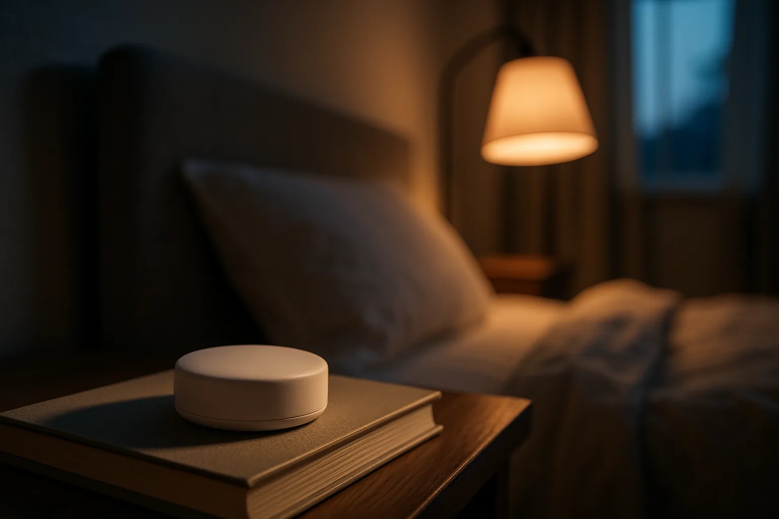 Small white wireless room temperature sensor on a stack of books on a bedside table in a lamp-lit bedroom