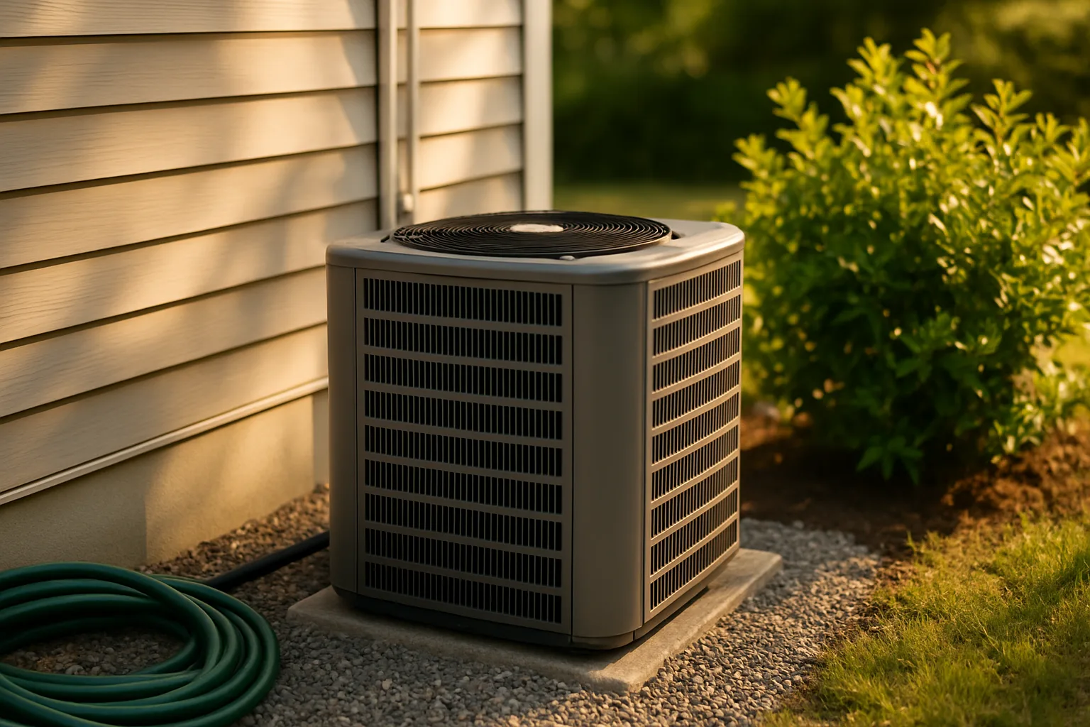 Outdoor central air conditioner condenser on a gravel pad beside a house in late afternoon light