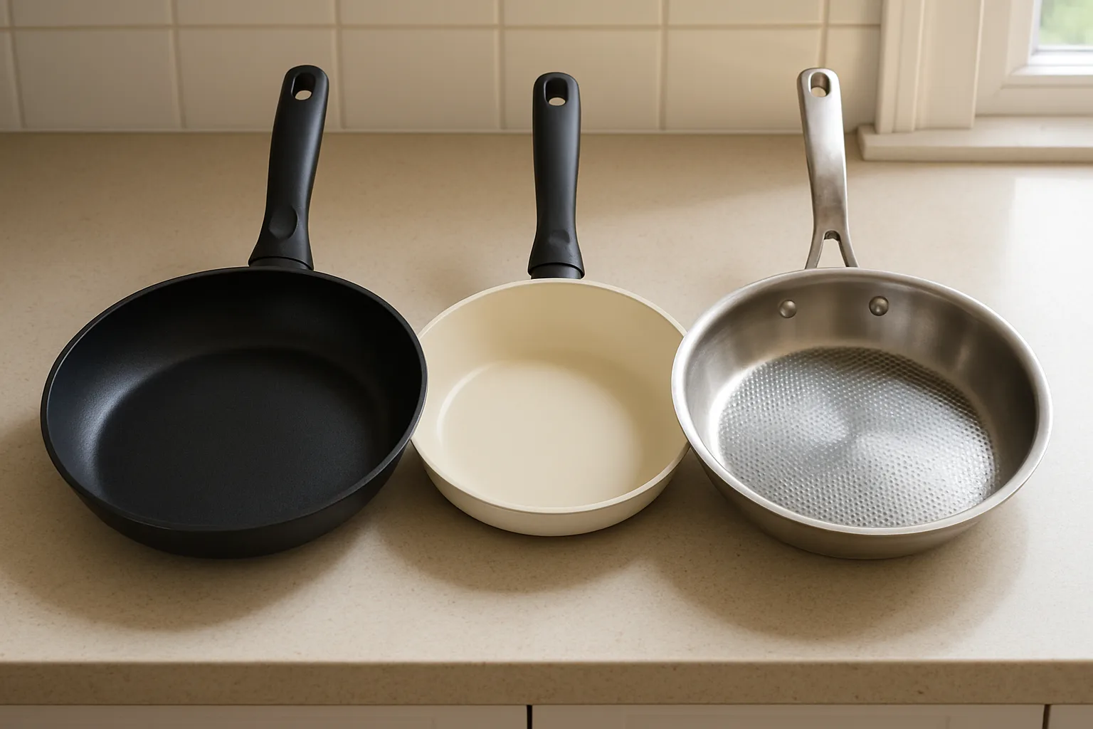 Black PTFE nonstick pan, cream ceramic pan and stainless hybrid pan side by side on a kitchen counter