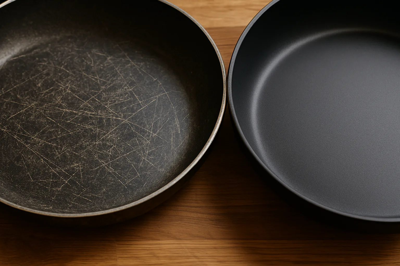 Scratched, worn nonstick pan surface next to a new smooth nonstick pan