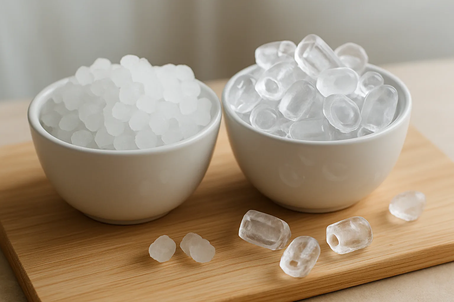 Two white bowls on a wood board, one filled with soft nugget pellet ice and the other with hollow bullet-shaped ice cubes
